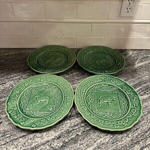 4 Vintage Bordallo Pinheiro PORTUGAL Green Majolica Plates 9” Farm Animal